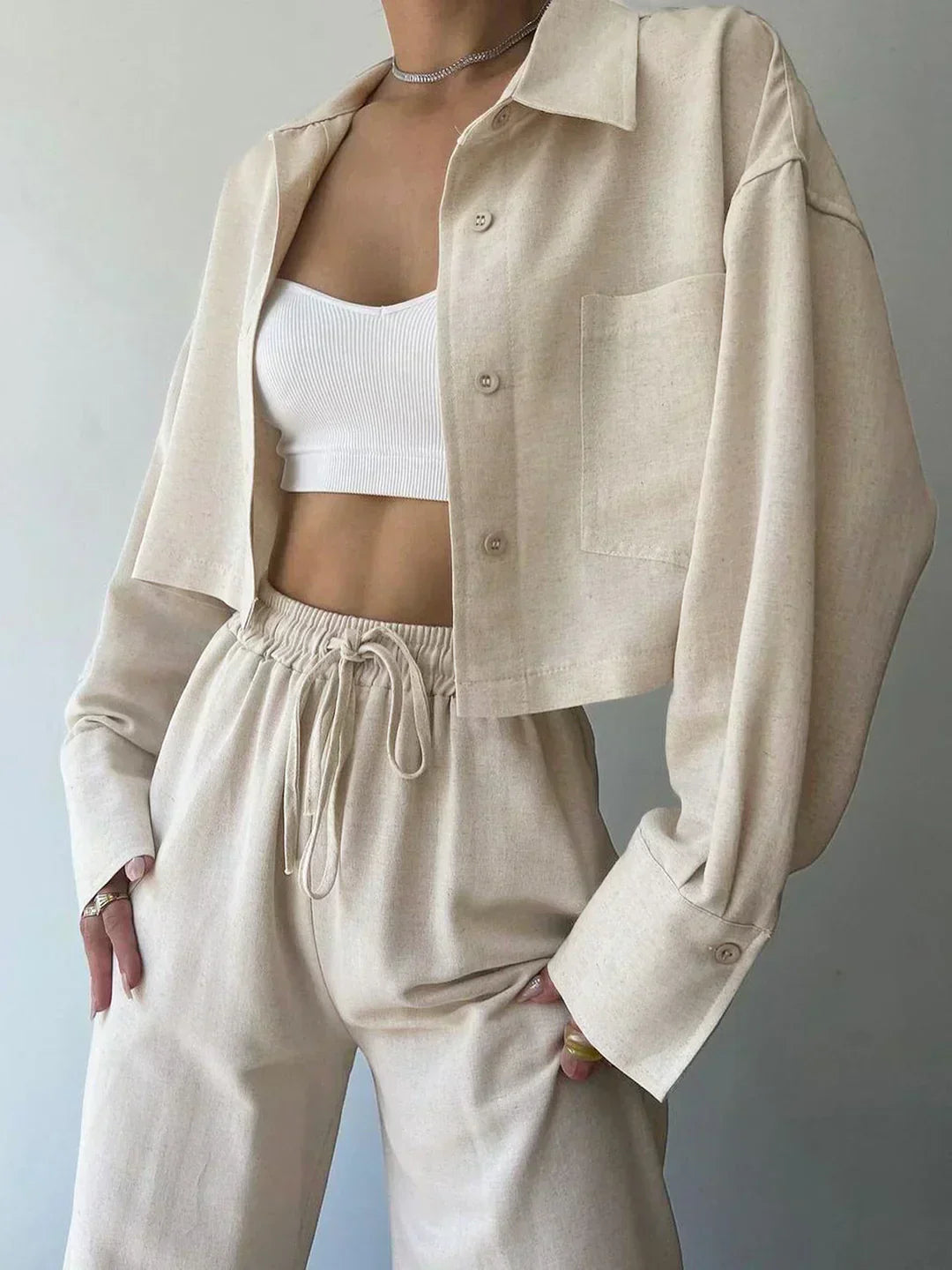 Set de pantaloni din două piese cu guler și șnur, casual