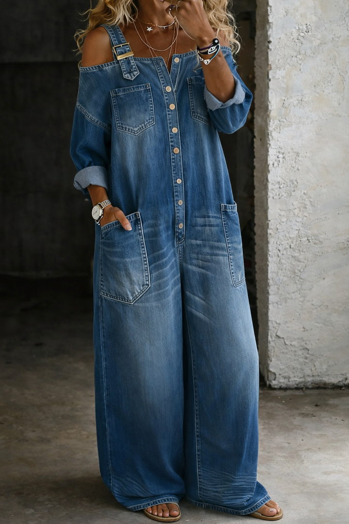 Sofia™ | Salopetă din denim cu umeri descoperiți
