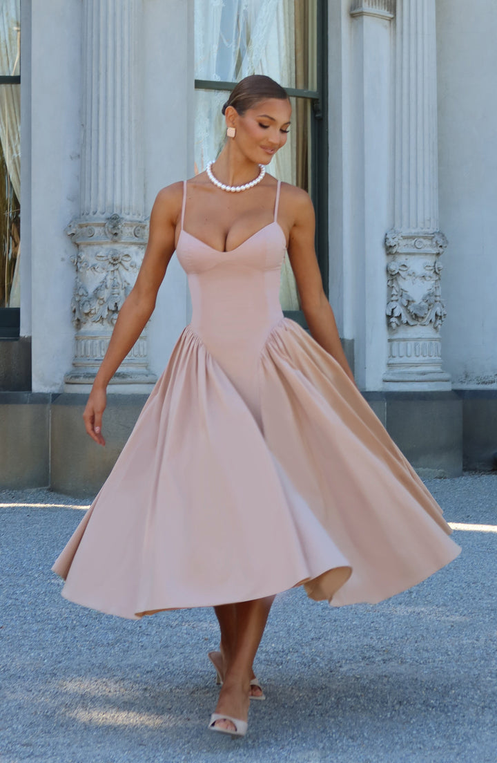 Luminara – Rochie Midi de Damă Elegantă cu Top Ajustat și Fustă Voluminoasă