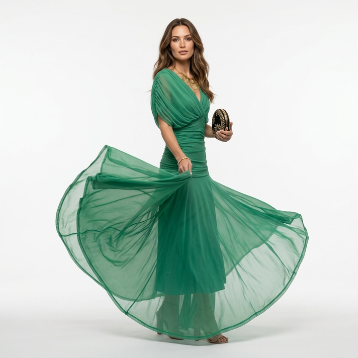 Xenia - Rochie lungă elegantă cu decolteu în V